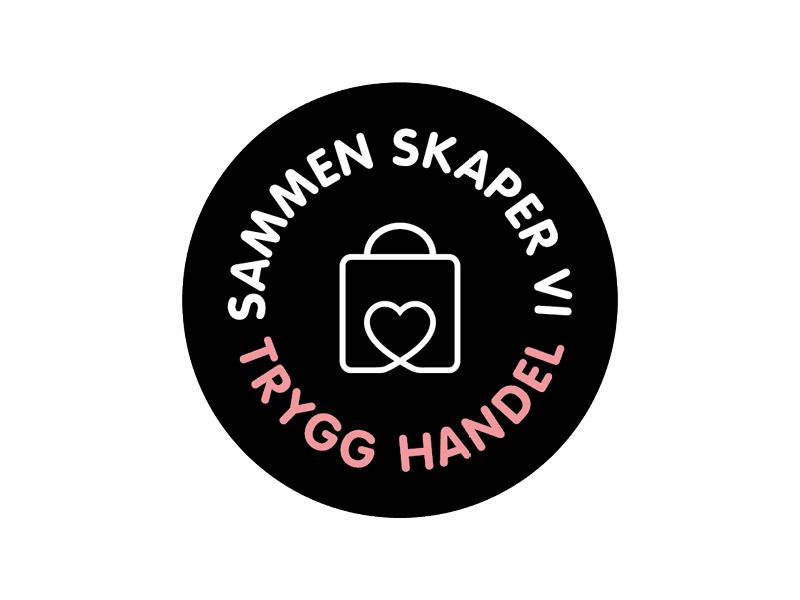 Logo for trygg handel hos Thon Eiendom sine kjøpsenter. Svart logo med hvit og rosa tekst. I midten er det en handlepose med et hjerte.