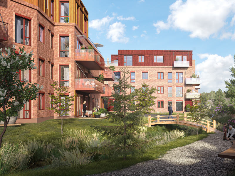 Røde blomster og brygge i forgrunn, med stor innsjø og blå himmel i uskarp bakgrunn. 