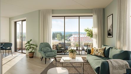 Bilde av en stue med godt dagslys og lyse farger på møbler og interiør. Fra boligprosjektet Skårerløkka på Lørenskog.