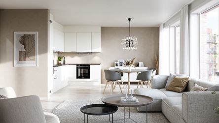 3D-illustrasjon av leilighet i Skårerløkka PREMIUM, med lyse farger på vegger og møbler, kombinert stue og kjøkken.