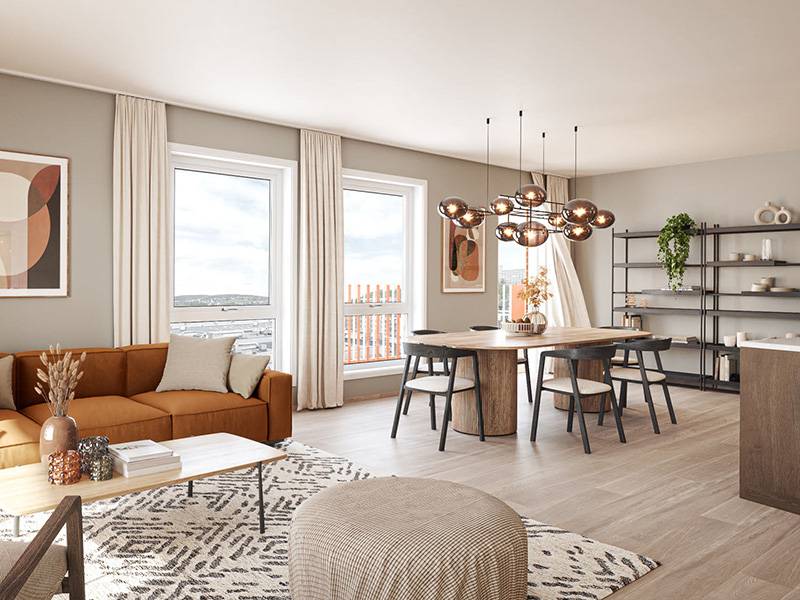 Fasaden til moderne boligblokk i kveldslys, med glade mennesker utenfor. 3D-illustrasjon til artikkel om nye, energieffektive bygg fra Thon Eiendom.