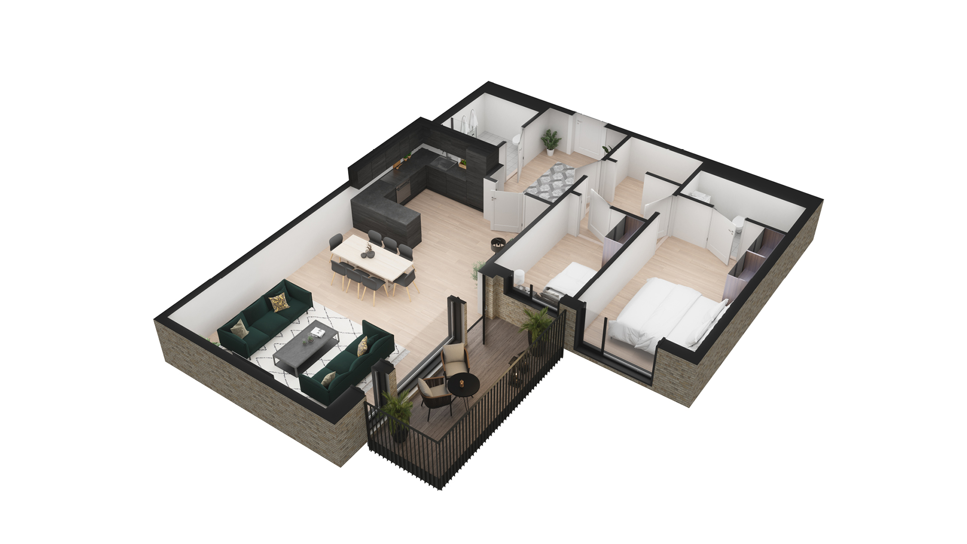 3D illustrasjon av en av leilighetene i boligprosjektet Wessel Park. Man ser leiligheten i fugleperspektiv og man ser stue, kjøkken, soverom og bad slik det kan bli når leiligheten er ferdig.