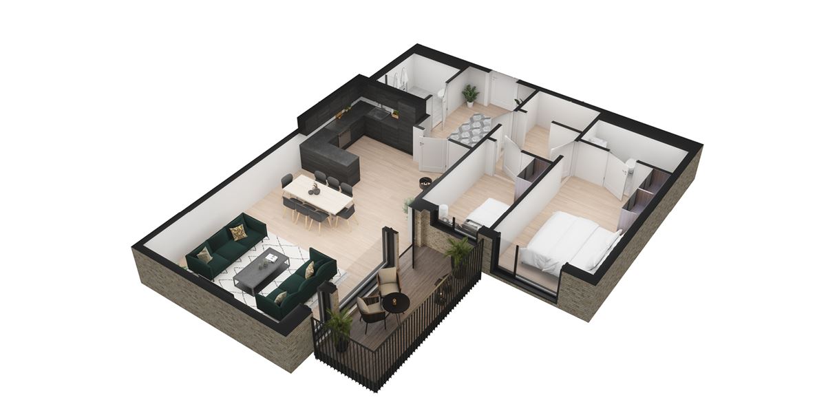 3D illustrasjon av en av leilighetene i boligprosjektet Wessel Park. Man ser leiligheten i fugleperspektiv og man ser stue, kjøkken, soverom og bad slik det kan bli når leiligheten er ferdig.