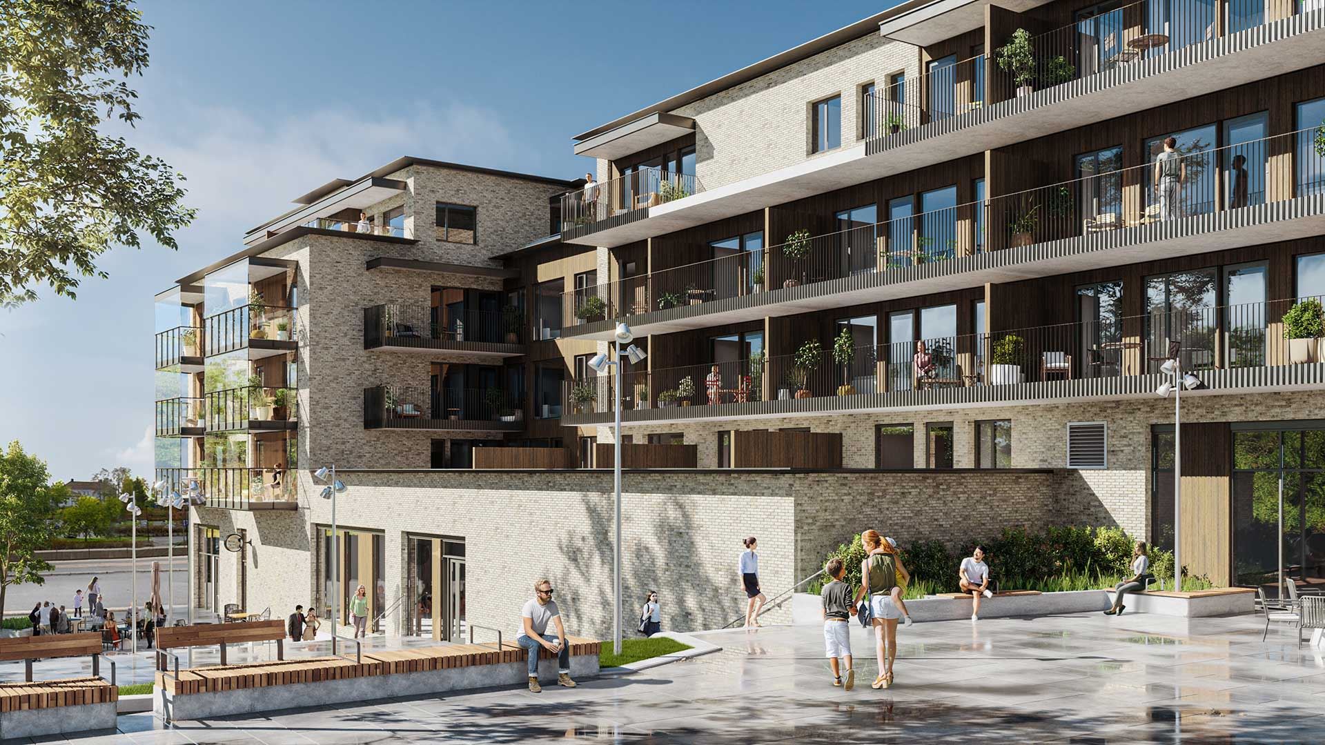 Her bor du sentralt, moderne og solrikt. 1. etasje vil huse næringslokaler og rundt skapes et hyggelig parkområde.