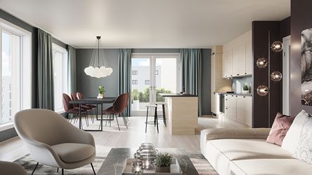 Bildet viser en stue fra boligprosjektet Skårerløkka PREMIUM. En lys sofa står til venstre i bildet. I forkant står et mørkebrunt bord. I bakgrunnen ser man en spisestue og en del av kjøkkenet. Lyst og fint med mye dagslys.