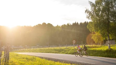 Person sykler på landevei i kveldssol. Illustrasjonsfoto til artikkel fra Thon Eiendom om fordeler med å bo i Lørenskog