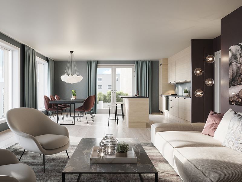 Leilighet i grå og lyse nyanser med luksuriøse møbler. Illustrasjon til artikkel om hvordan du kan oppgradere leilighet mens den bygges hos Thon Eiendom.