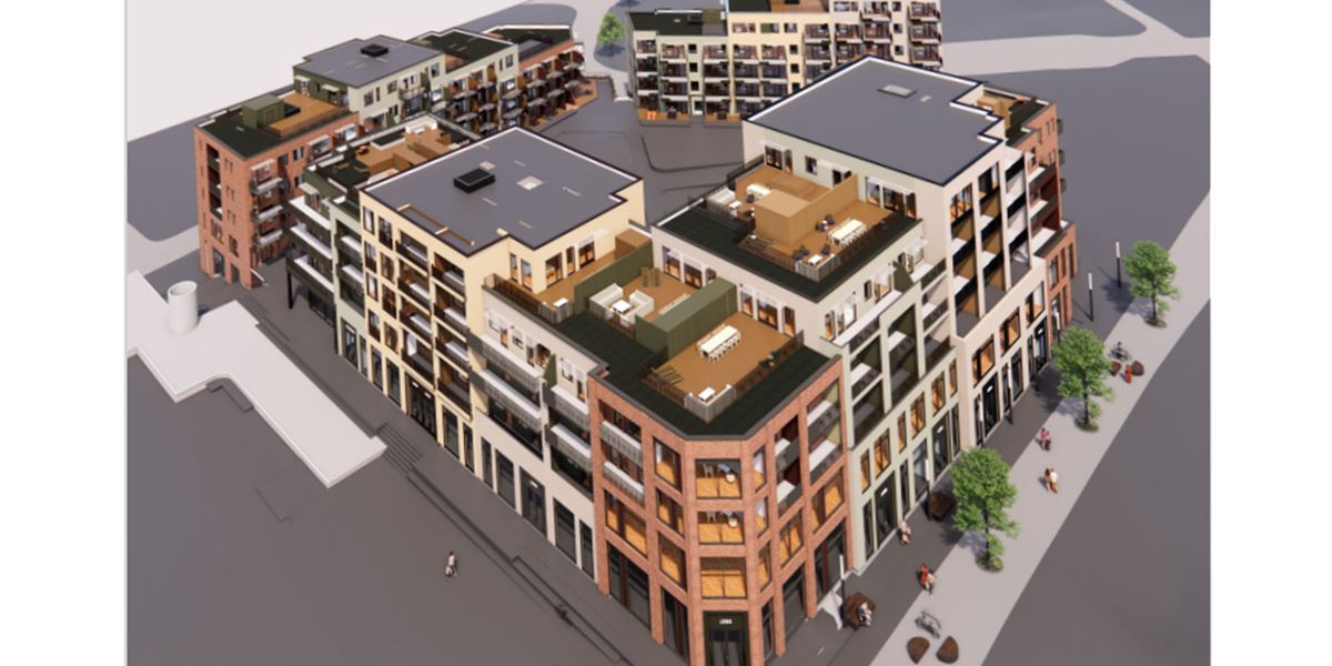 3D-illustrasjon av boligblokk.