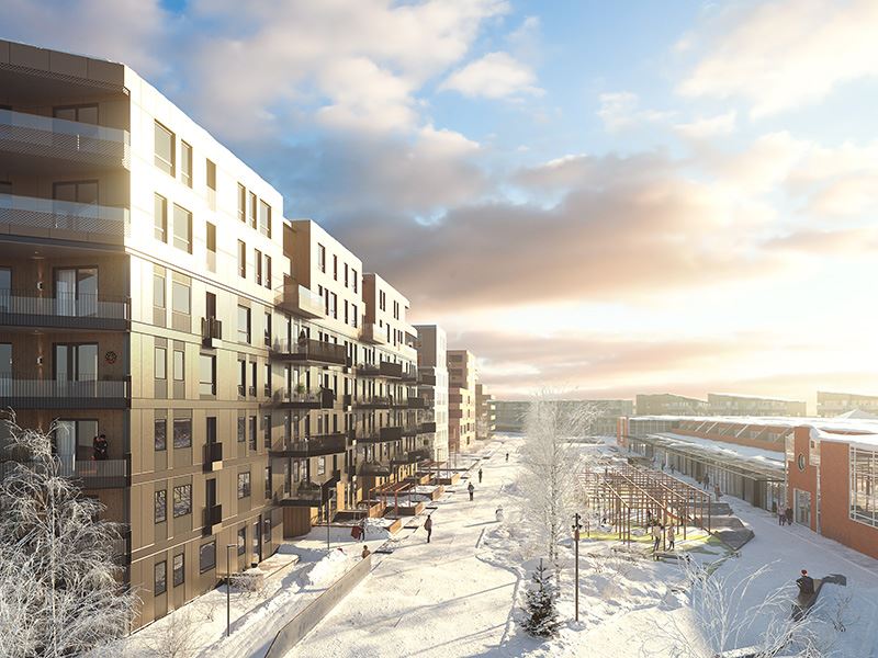 3D-illustrasjon av boligområde med park i solfylt vintervær.