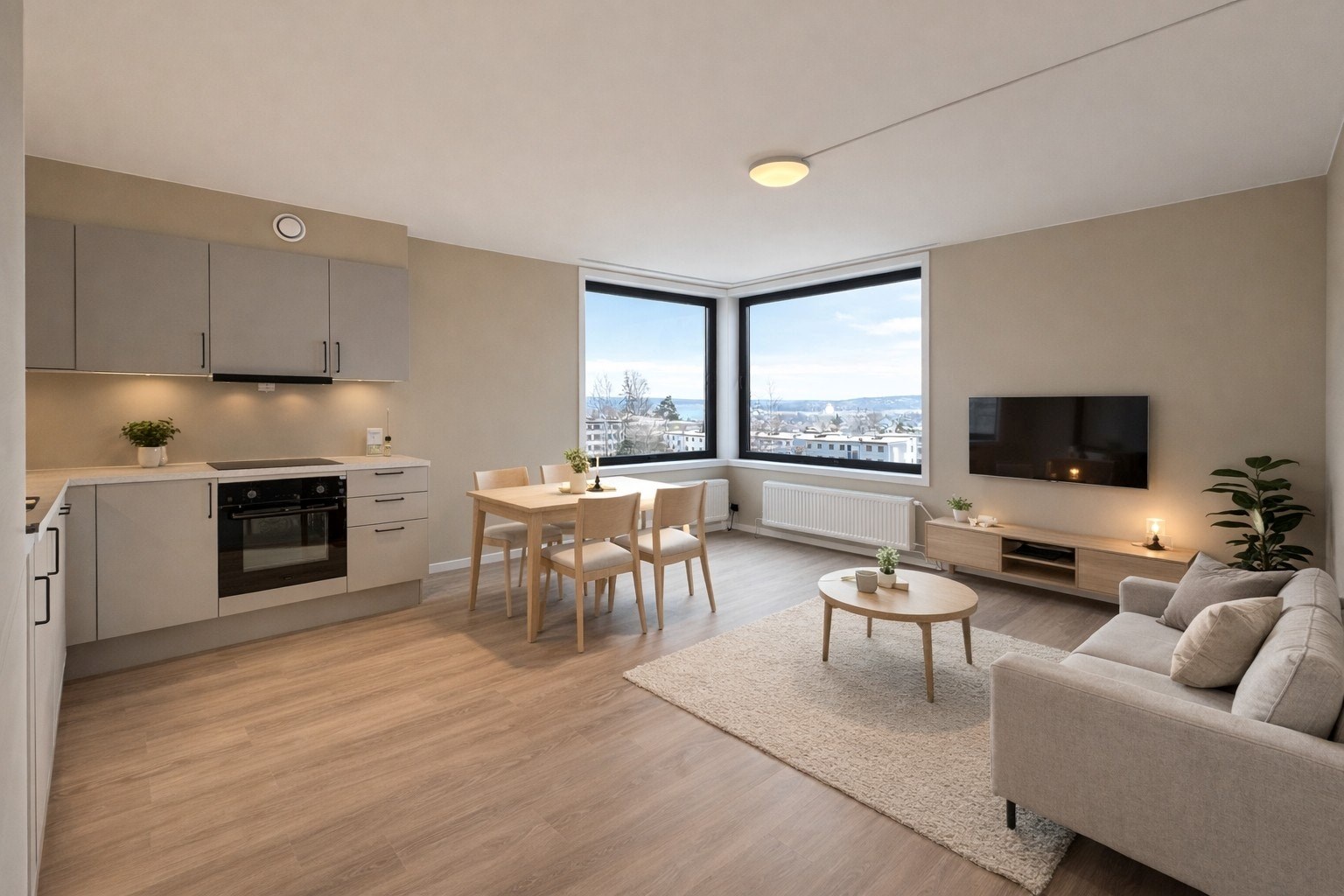 Her får du både flott utsikt og en god planløsning som gir plass til både matlaging, måltider og avslapning. Bildet er innredet med KI.