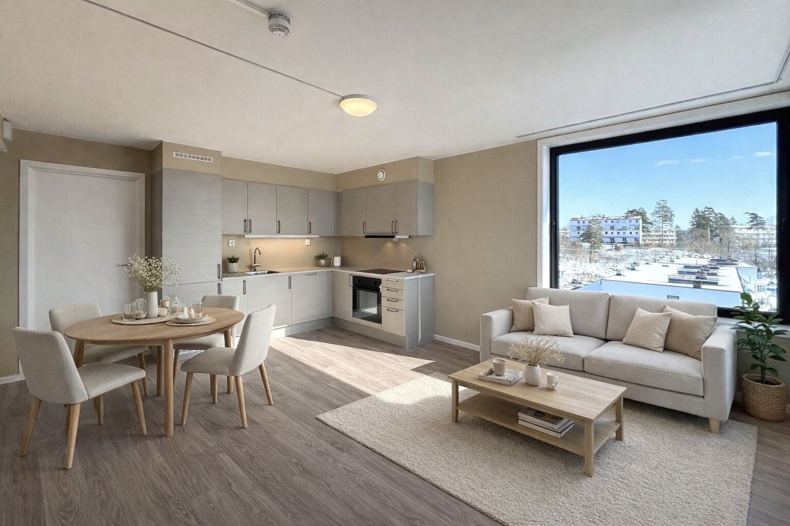 Lys og moderne oppholdsrom med åpen kjøkkenløsning og store vindusflater som slipper inn naturlig dagslys. Bilder er innredet med KI.