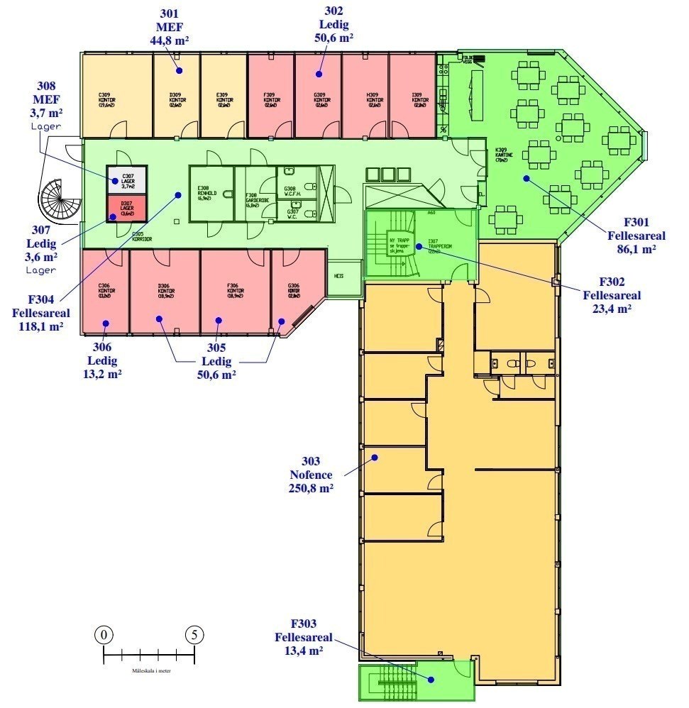 Plantegning 3. etasje. Fløy mot vest har ledige kontor mot nord og sør.