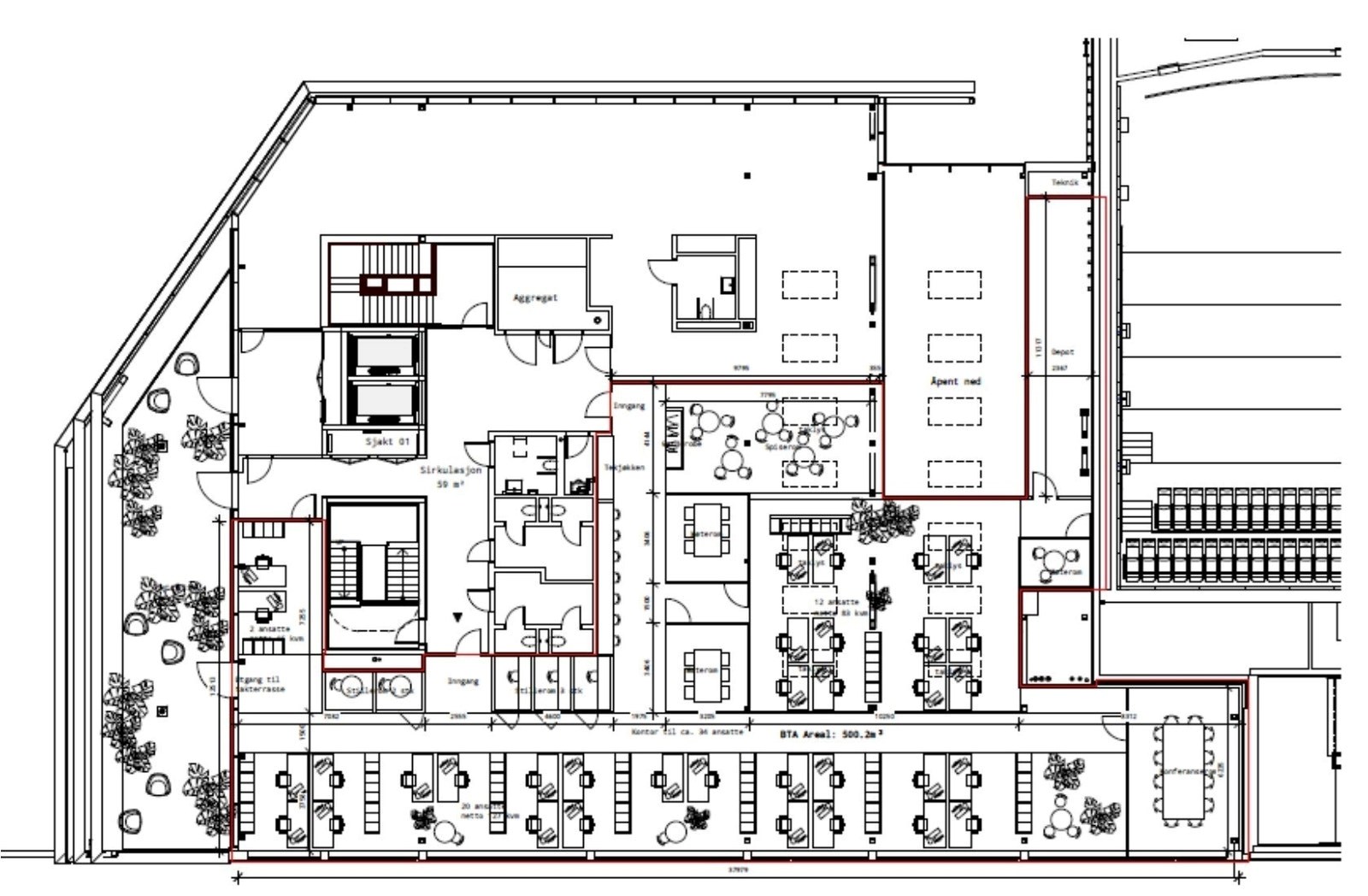 Forslag til planløsning for 6.etg. Denne etasjen har takterrasse