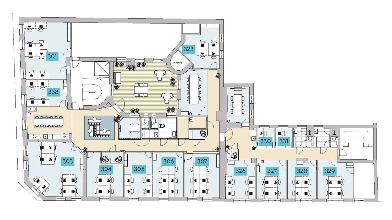 Planløsning. Kontor 306 er ledig.